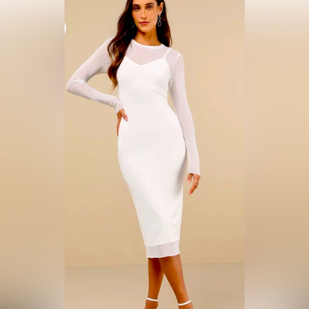 Lulus Perfect Plans Ivory Sheer Mesh Long Sleeve Bodycon Midi Dress